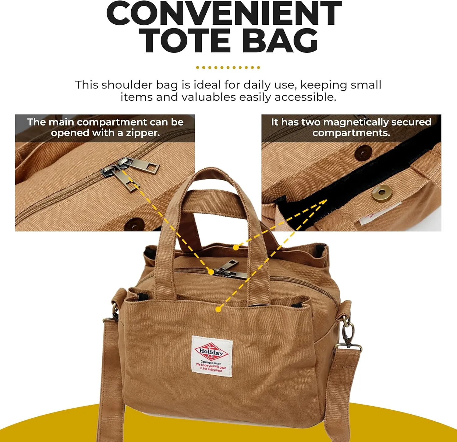 -112 Square Tote Bag Unisex Shoulder Bag Canvas, Top zipper Closure with Coaster for Everyday Bag