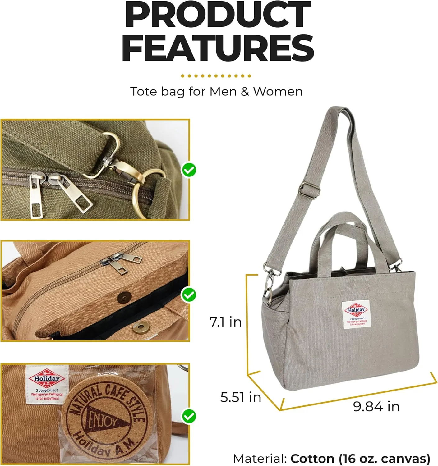 -112 Square Tote Bag Unisex Shoulder Bag Canvas, Top zipper Closure with Coaster for Everyday Bag