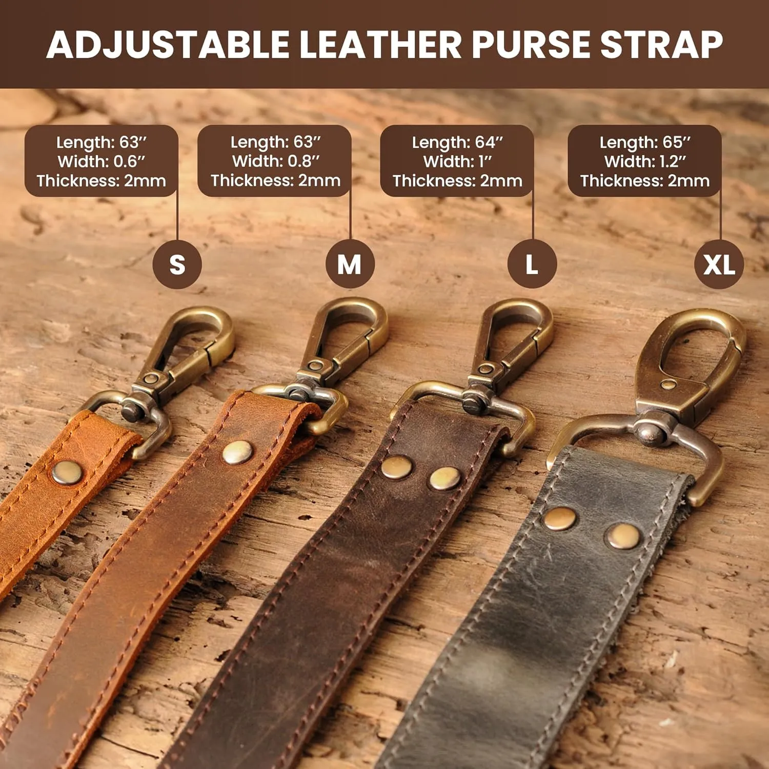 100% Genuine Leather Purse Strap with Swivel Clasps for Purse Handbags Laptop Cases, Adjustable Length, Handmade, Large, Black