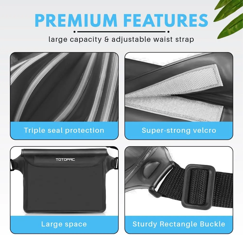 2-Pack Waterproof Fanny Pack, Phone Pouch with Waist Strap, 9x6.7 Inch Dry Bag for Phone, Cash, and Valuables – for Swimming, Kayaking, Boating, Snorkeling, and Water Sports (2, Black   Black)