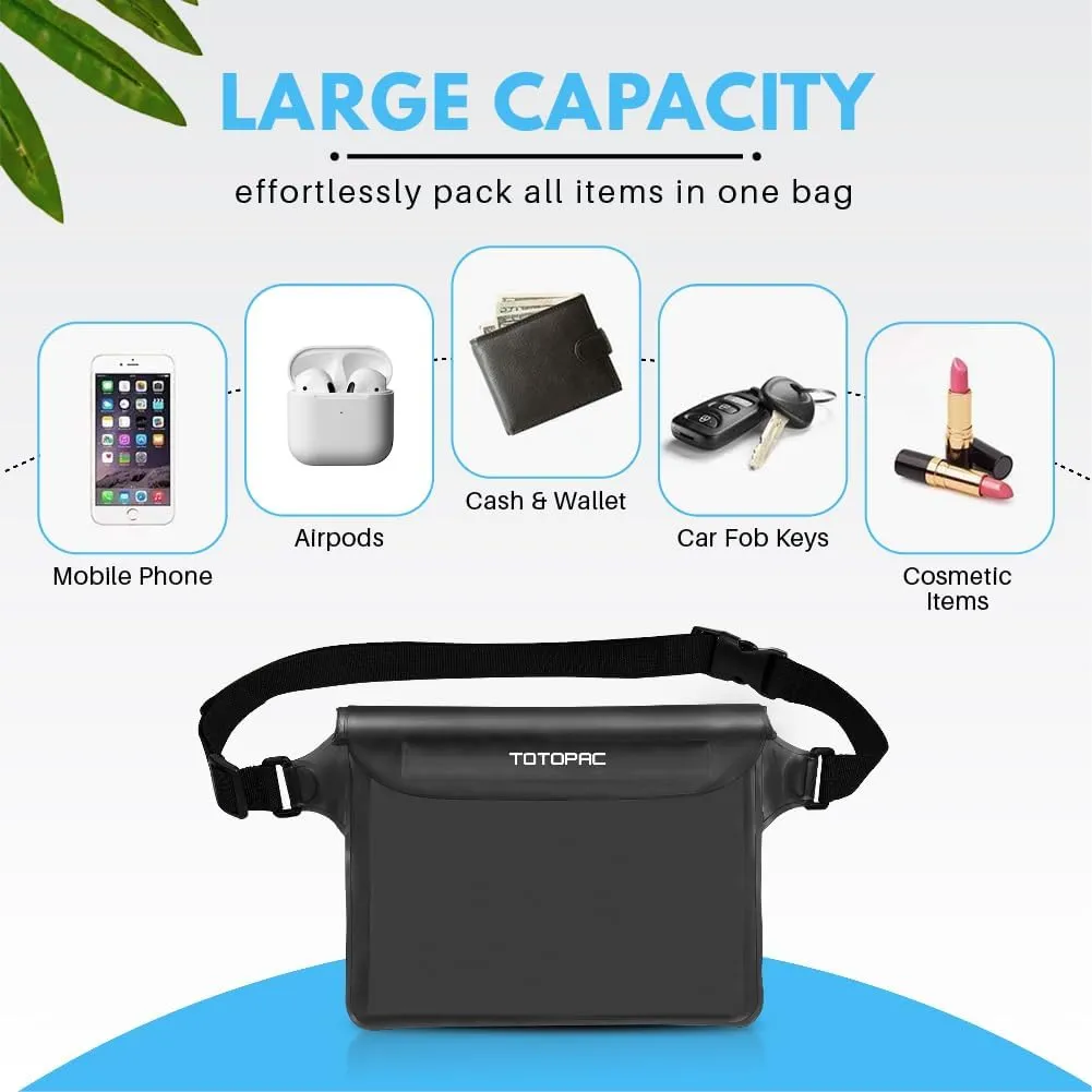 2-Pack Waterproof Fanny Pack, Phone Pouch with Waist Strap, 9x6.7 Inch Dry Bag for Phone, Cash, and Valuables – for Swimming, Kayaking, Boating, Snorkeling, and Water Sports (2, Black   Black)