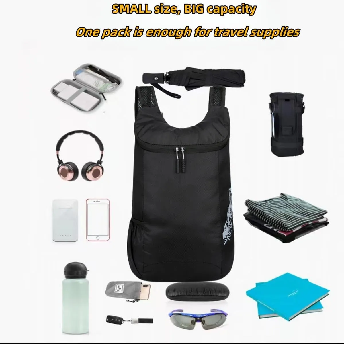 20L Water Resistant Hiking Daypack Lightweight Packable Backpack for Travel Camping Outdoor (BLACK)