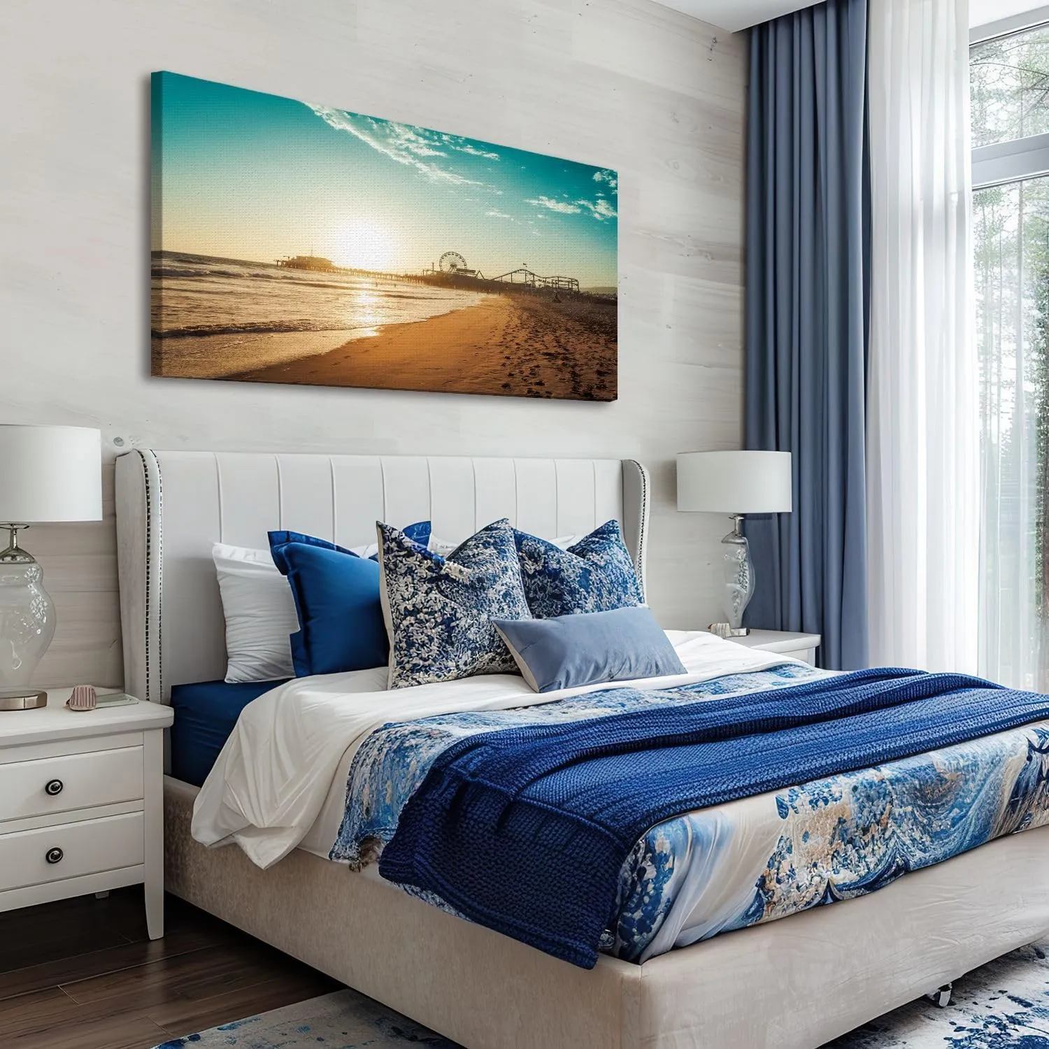 20"x 40" Large Beach Wall Art Amusement park Santa Monica Painting Picture Print on Canvas Wall Art for Living Room Bedroom Modern Home Wall Decor Framed Artwork