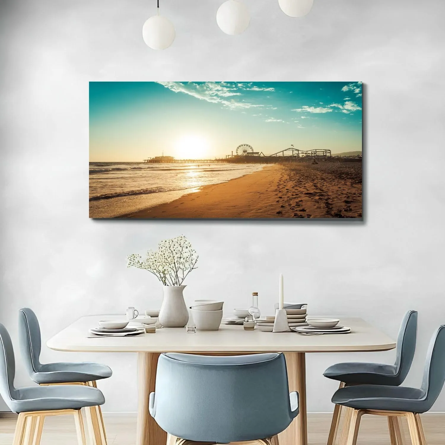 20"x 40" Large Beach Wall Art Amusement park Santa Monica Painting Picture Print on Canvas Wall Art for Living Room Bedroom Modern Home Wall Decor Framed Artwork