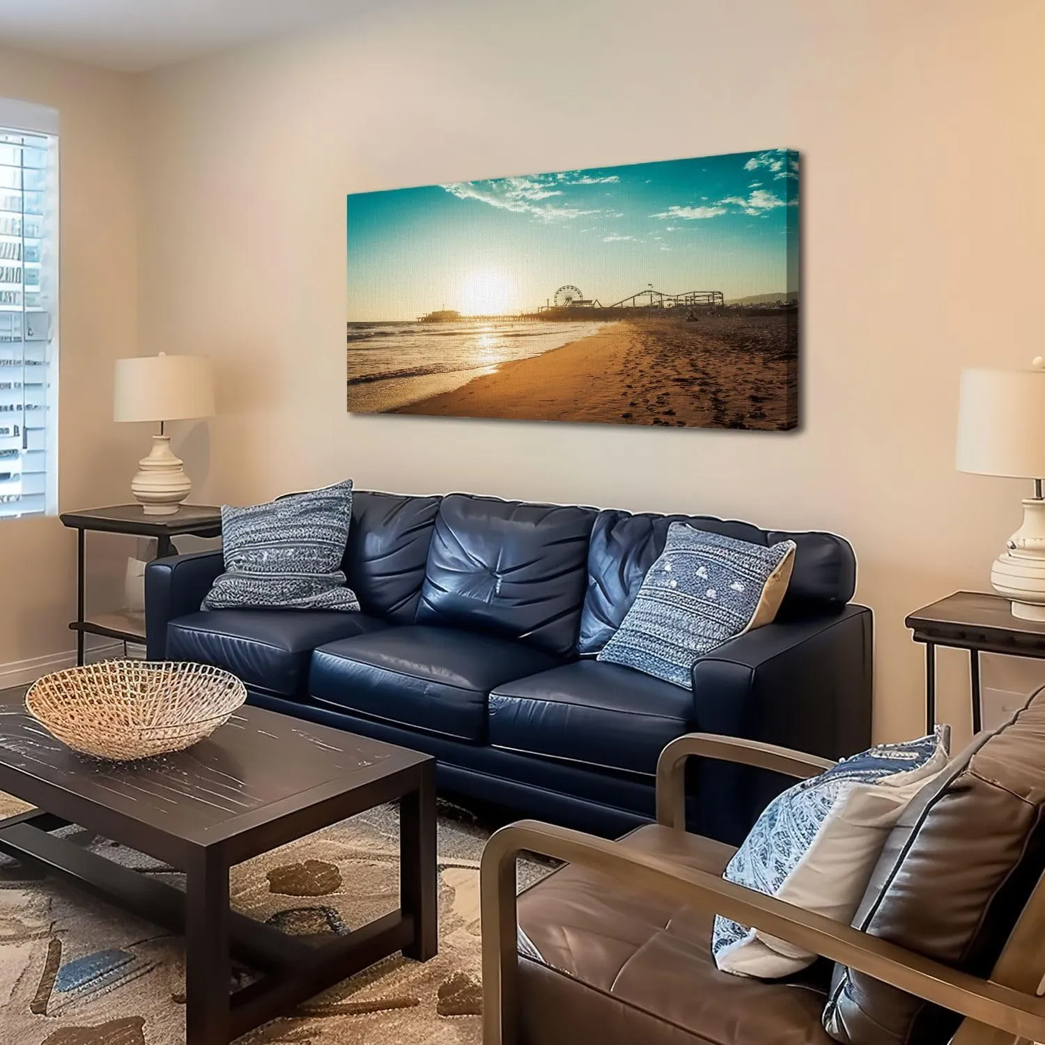20"x 40" Large Beach Wall Art Amusement park Santa Monica Painting Picture Print on Canvas Wall Art for Living Room Bedroom Modern Home Wall Decor Framed Artwork