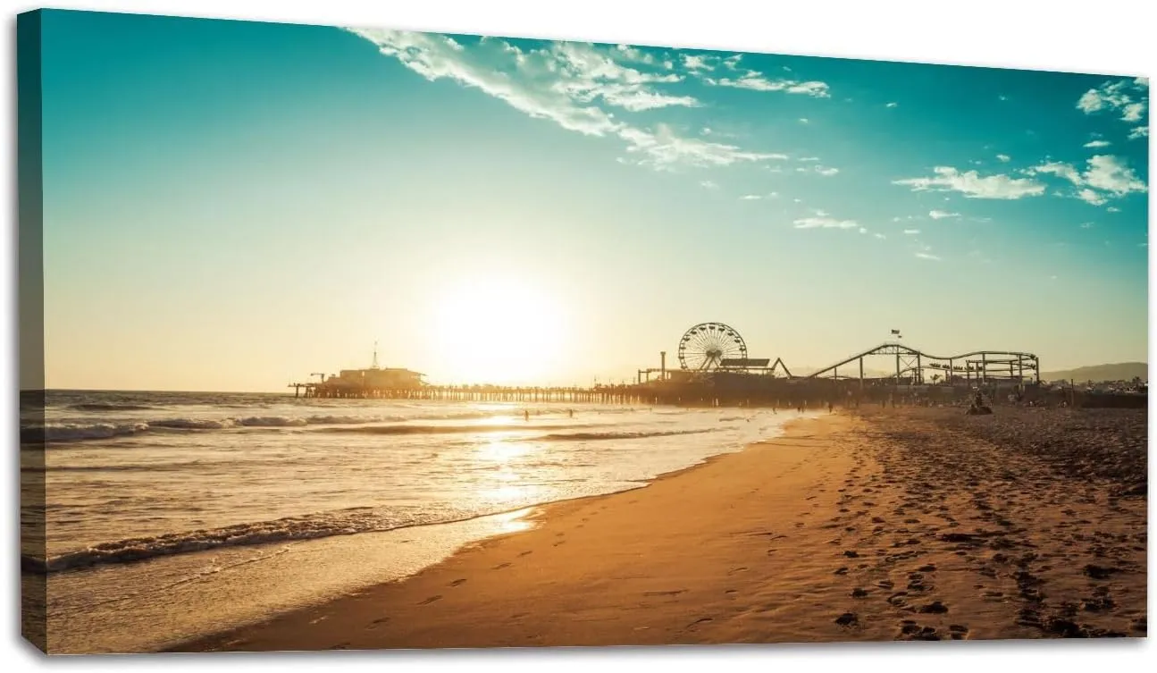 20"x 40" Large Beach Wall Art Amusement park Santa Monica Painting Picture Print on Canvas Wall Art for Living Room Bedroom Modern Home Wall Decor Framed Artwork