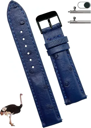 21mm Navy Blue Ostrich Leather Watch Band Men Quick Release Replacement Strap Extra Soft Handmade Wristband Stainless Steel Buckle, Father's Day Gift for Dad Son Husband DH-184B-21MM