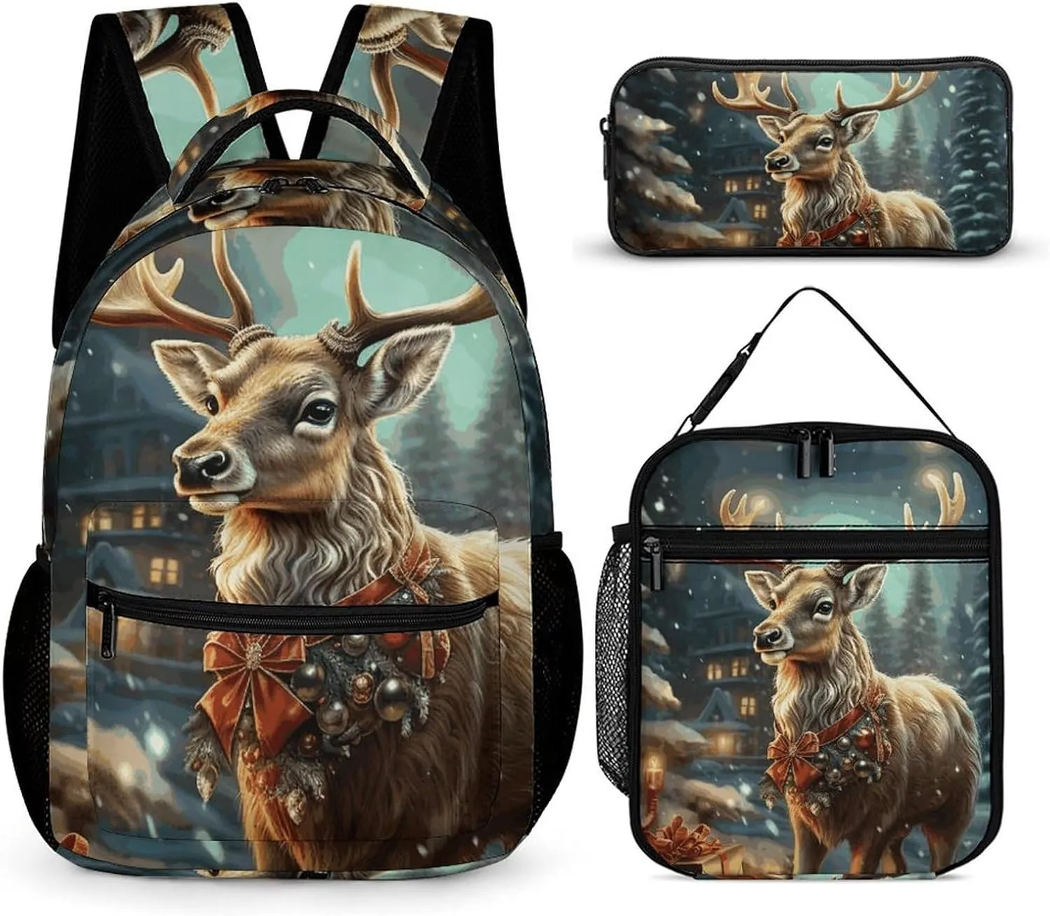 3 Pcs Backpack Set Christmas Gift Reindeer Travel Bag Portable Casual Daypack Sports Backpacks with Lunch Box Pencil Case