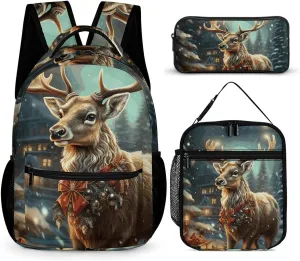 3 Pcs Backpack Set Christmas Gift Reindeer Travel Bag Portable Casual Daypack Sports Backpacks with Lunch Box Pencil Case