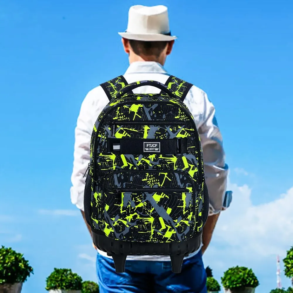 3Pcs Rolling Backpack for Boys, Men Roller Bag with Wheels for Adults, 19 Inche Graffiti Wheeled Bookbag with Lunch Box(Green)