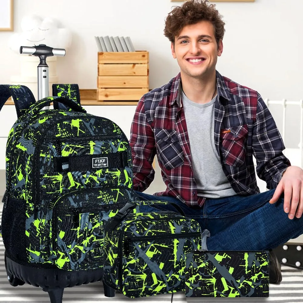 3Pcs Rolling Backpack for Boys, Men Roller Bag with Wheels for Adults, 19 Inche Graffiti Wheeled Bookbag with Lunch Box(Green)