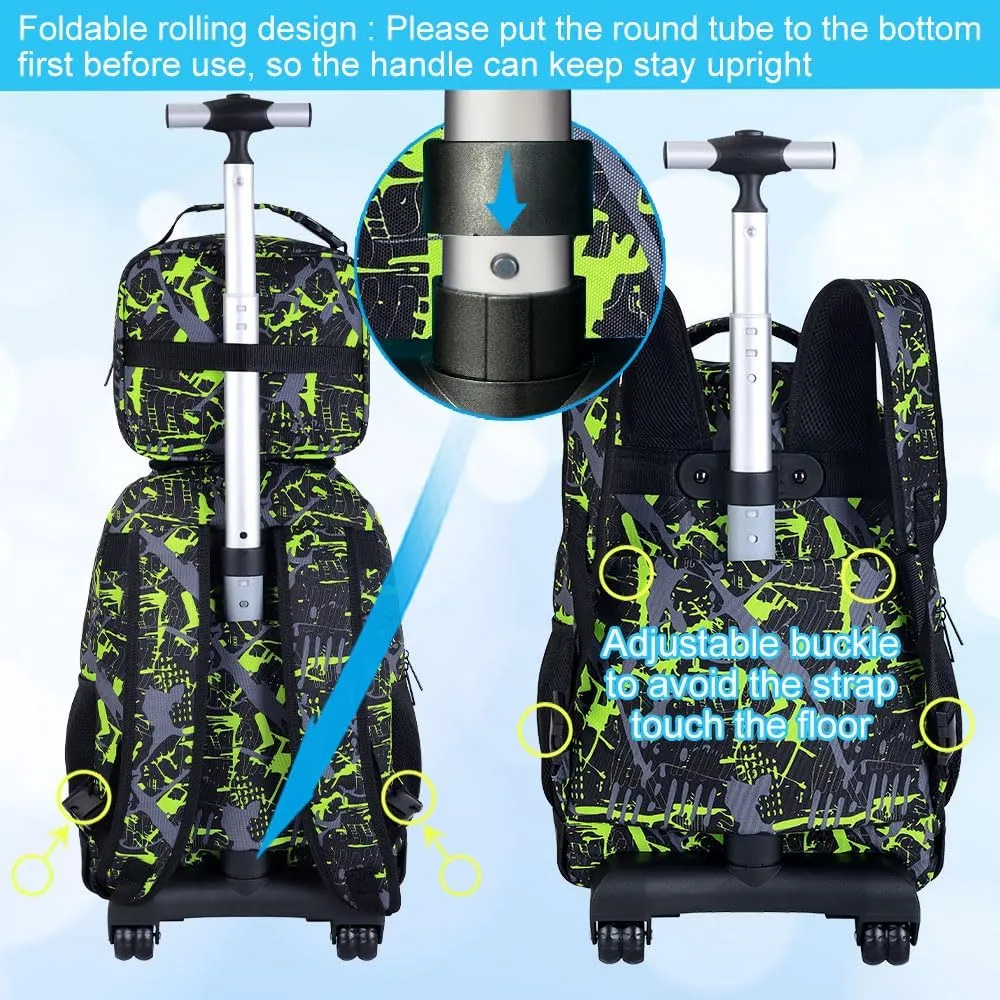 3Pcs Rolling Backpack for Boys, Men Roller Bag with Wheels for Adults, 19 Inche Graffiti Wheeled Bookbag with Lunch Box(Green)