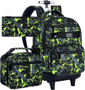 3Pcs Rolling Backpack for Boys, Men Roller Bag with Wheels for Adults, 19 Inche Graffiti Wheeled Bookbag with Lunch Box(Green)
