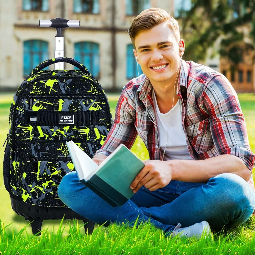 3Pcs Rolling Backpack for Boys, Men Roller Bag with Wheels for Adults, 19 Inche Graffiti Wheeled Bookbag with Lunch Box(Green)