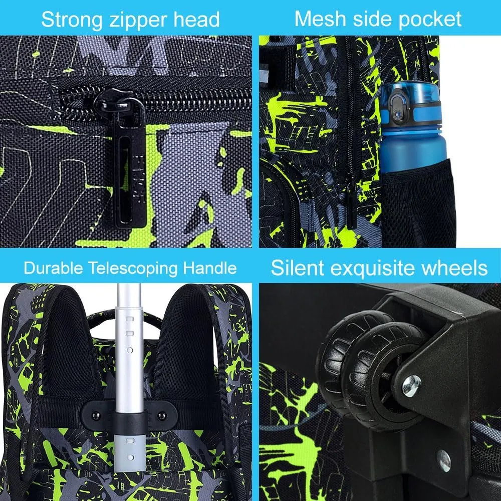 3Pcs Rolling Backpack for Boys, Men Roller Bag with Wheels for Adults, 19 Inche Graffiti Wheeled Bookbag with Lunch Box(Green)