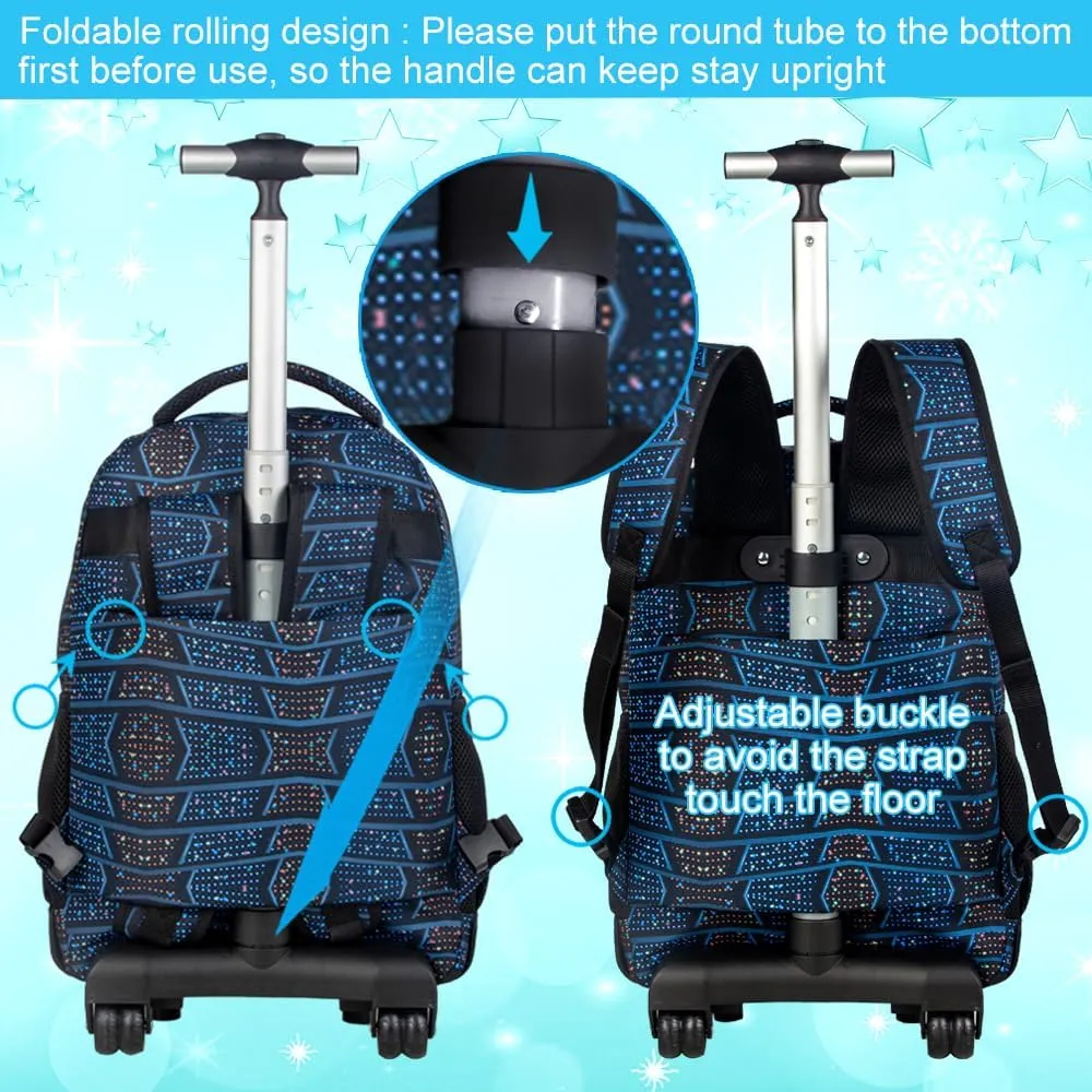 3PCS Soccer Rolling Backpack for Boys, Kids School Backpacks with Wheels, Water Resistant Roller Wheeled Bookbag Set with Lunch Box