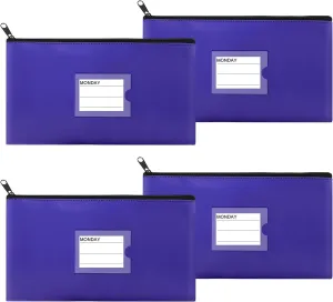 4 Pack Bank Deposit Money Bag, Heavy Duty Leatherette Security Zipper Wallet With Clear Window, Coin and Cash Pouch, Assorted Colors (Blue)