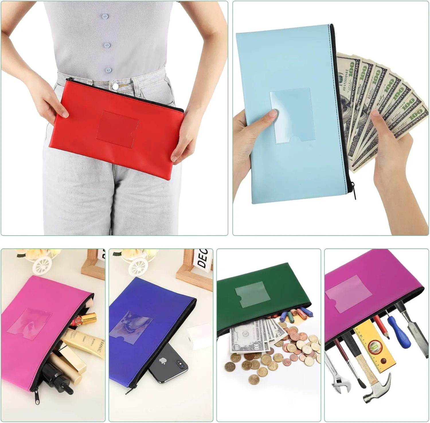 4 Pack Bank Deposit Money Bag, Heavy Duty Leatherette Security Zipper Wallet With Clear Window, Coin and Cash Pouch, Assorted Colors (Blue)