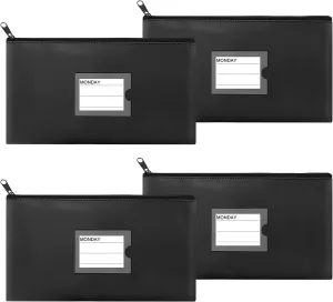 4 Pack Bank Deposit Money Bag, Heavy Duty Leatherette Security Zipper Wallet with Clear Window, Coin Bag, Cash Bag, Tool Pouch, Assorted Colors (4 Pack Black)