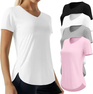 4 Pack Women's Short Sleeve Workout T Shirt Side Slits Curved Hem V Neck Breathable Exercise Tops Quick Dry UV Tee