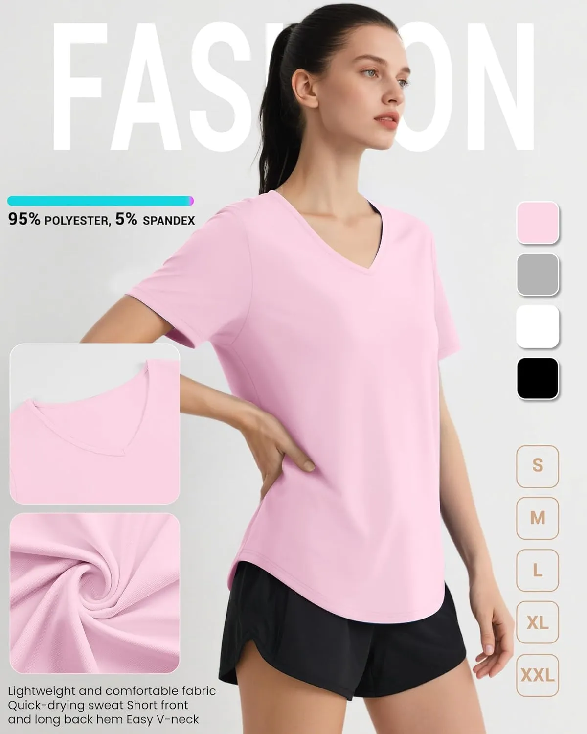 4 Pack Women's Short Sleeve Workout T Shirt Side Slits Curved Hem V Neck Breathable Exercise Tops Quick Dry UV Tee