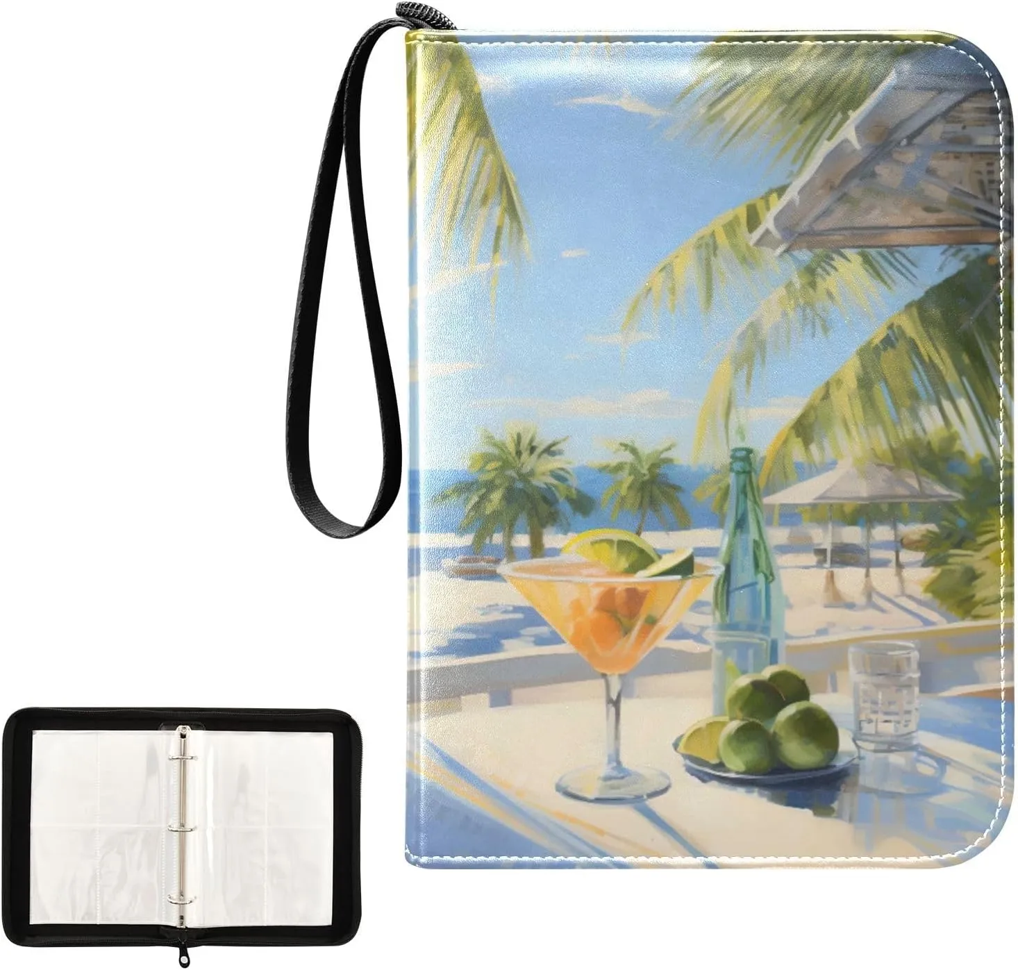 4 Pockets Trading Card Album Holder Book Folder Sports Card Binder Cocktail Coast Vacation 400 Double Side Pockets for 3 Ring Binder Zipper