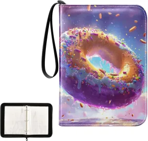 4 Pockets Trading Card Album Holder Book Folder Sports Card Binder Donut Funny 400 Double Side Pockets for 3 Ring Binder Zipper