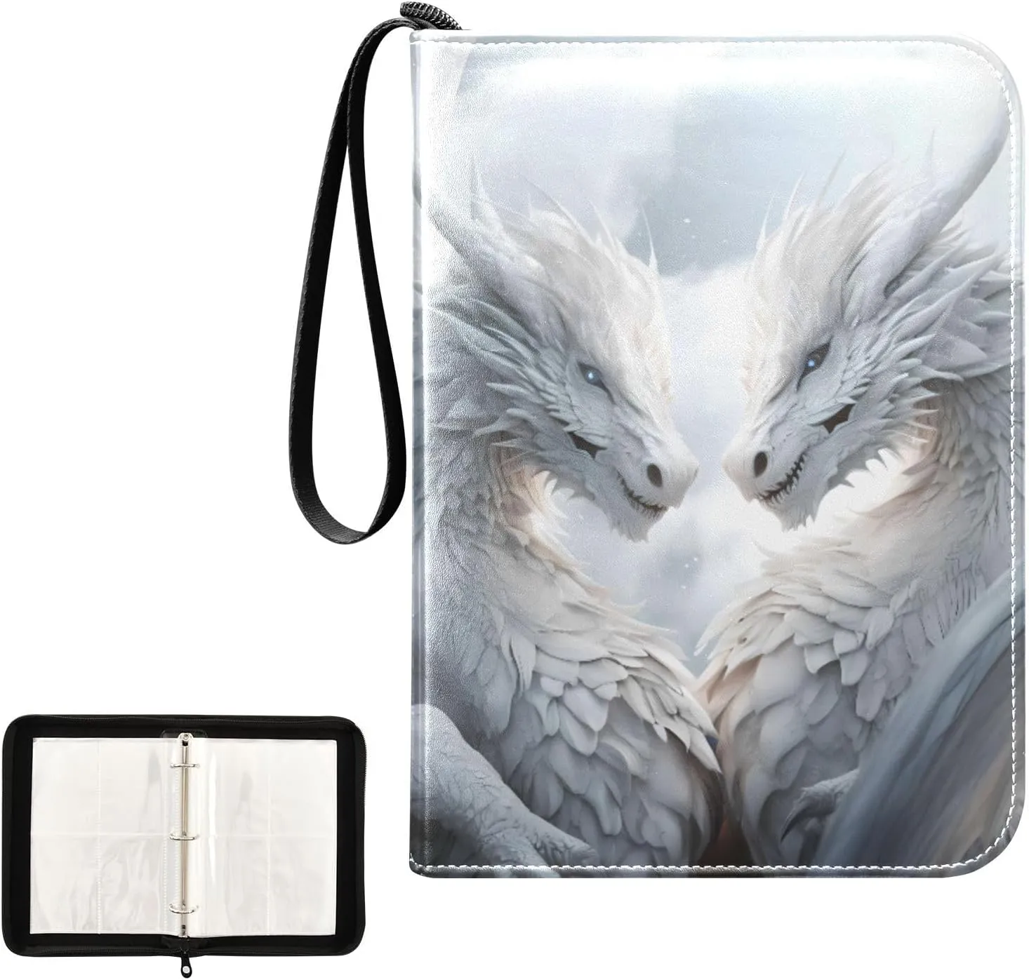 4 Pockets Trading Card Album Holder Book Folder Sports Card Binder Dragon White 400 Double Side Pockets for 3 Ring Binder Zipper