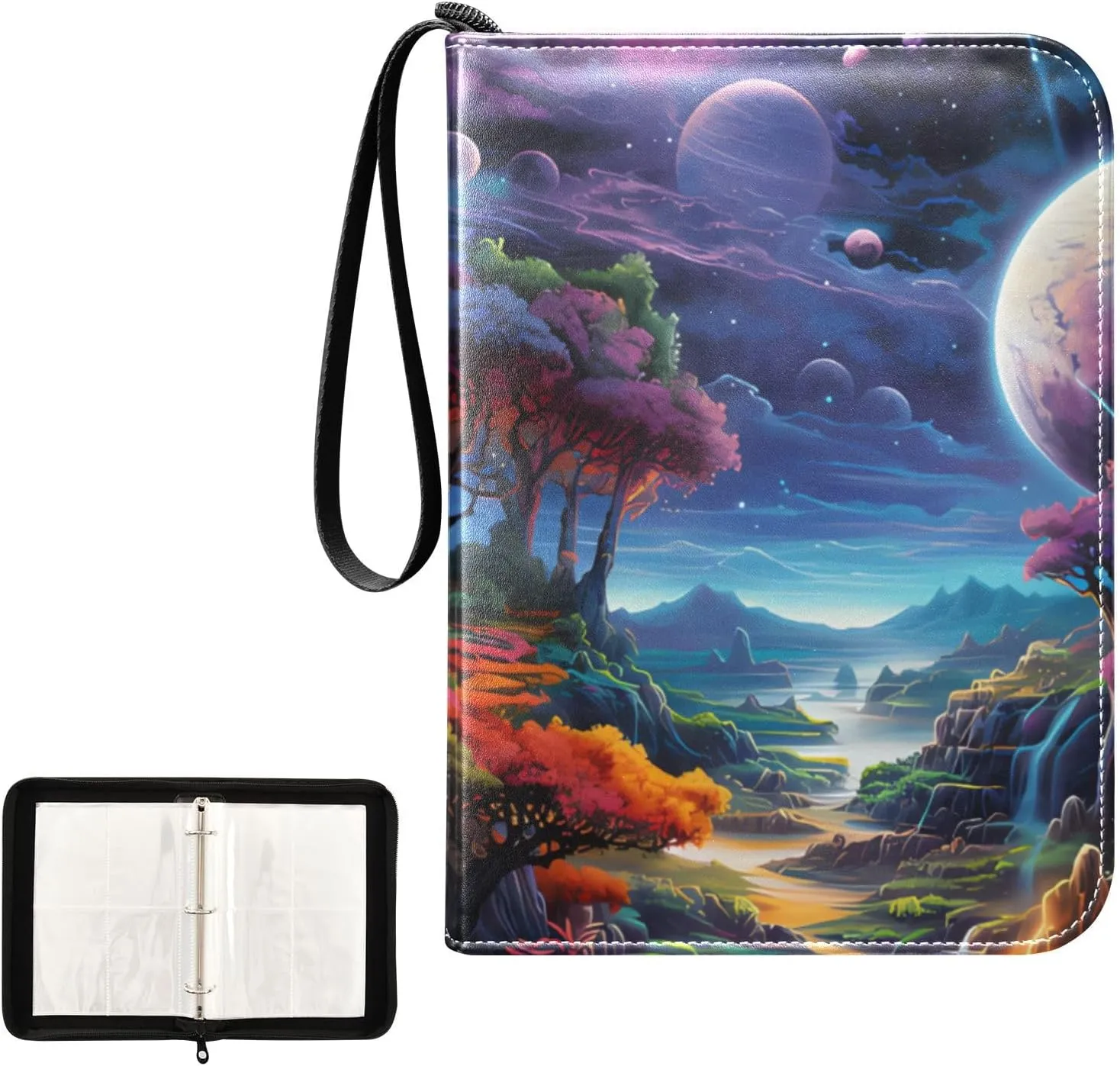 4 Pockets Trading Card Album Holder Book Folder Sports Card Binder Wonderland Painting 400 Double Side Pockets for 3 Ring Binder Zipper