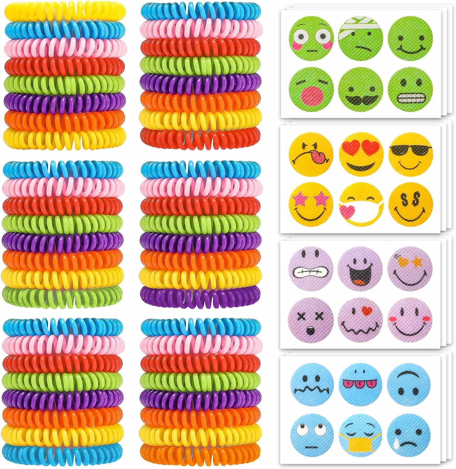 48Pack Mosquito Bracelets Bulk with 72 Pack Smile Mosquito Patches for Kids Adults, Waterproof Adjustbale Mosquito Bracelets for Outdoor and Indoor, DEET Free Citronella Mosquito Wristband
