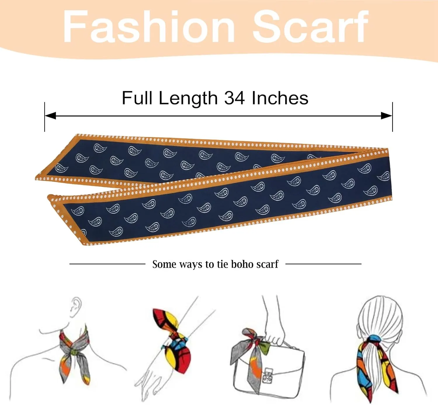 4Pcs Fashion Scarves for Women, Multifunctional Boho Scarves Headbands Satin Scarf for Bag Hair Accessories