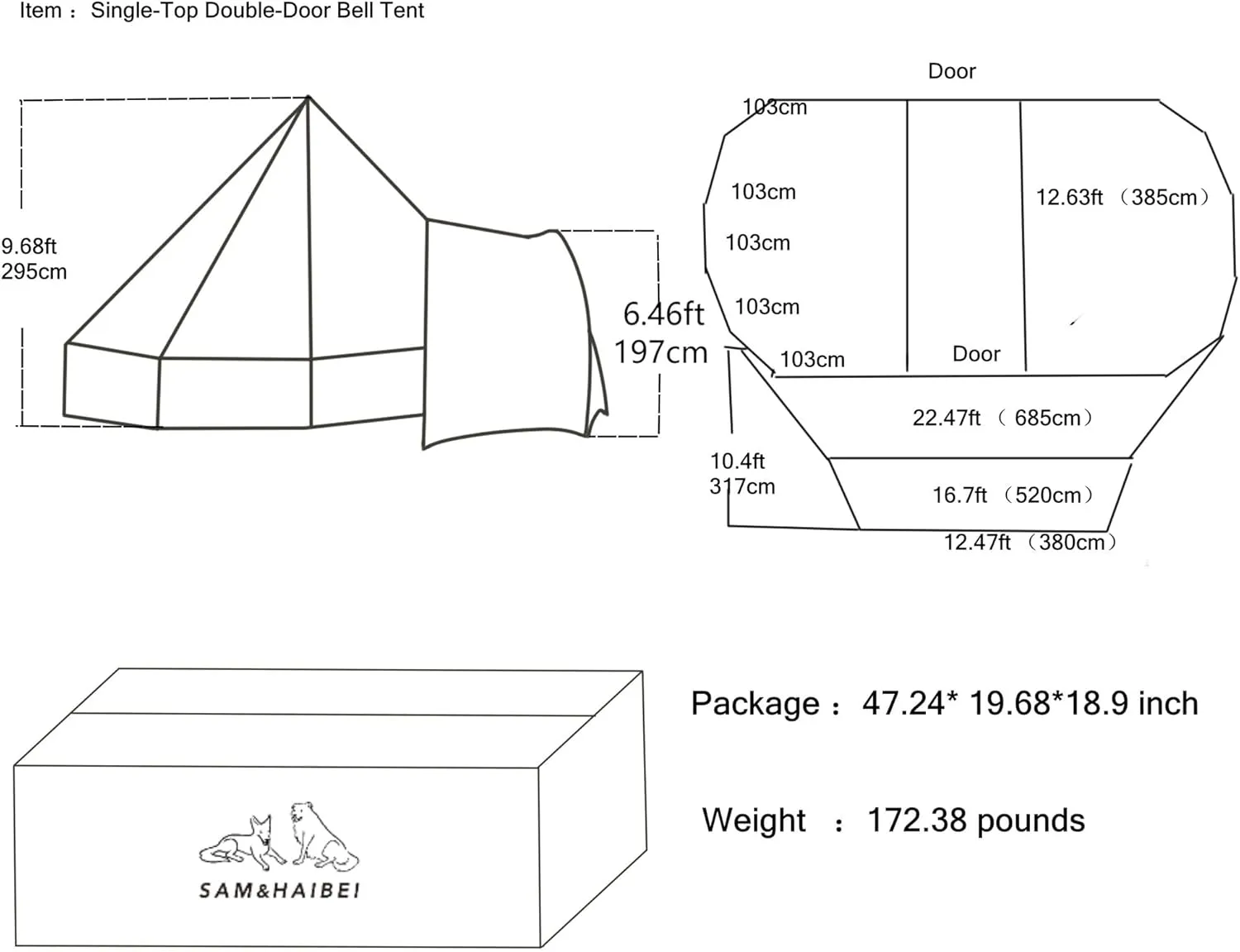 6 - Person 4 - Season Canvas Bell Tent with 2 Doors - for Camping, Hunting & Party
