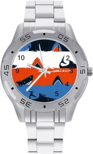 Abstract Shark with Stripe Simple Wrist Watches for Men Silver Casual Big Face Dress Watch Easy to Read