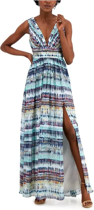 Aidan by Aidan Mattox Womens Printed V-Neck Maxi Dress Blue 4