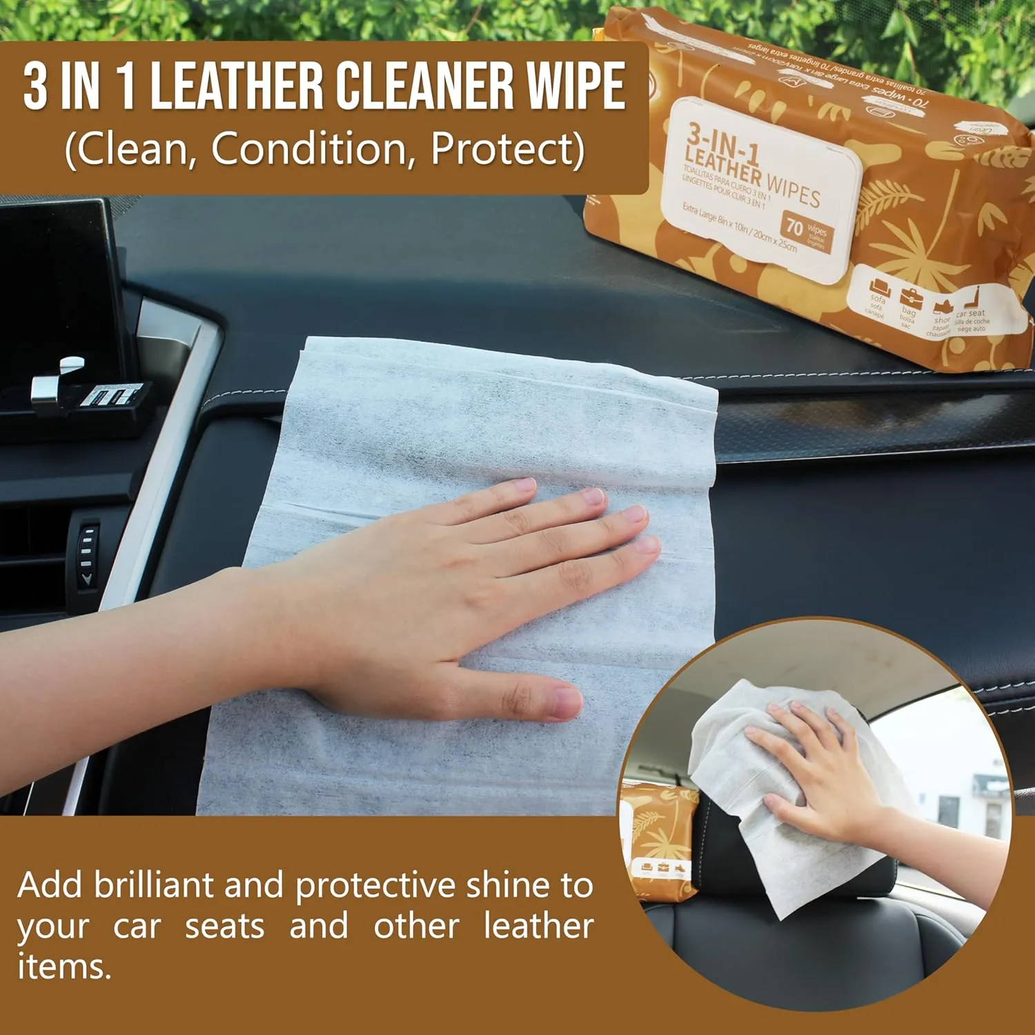 Air Jungles 3in1 Leather Cleaner Wipes 70 Count (Pack of 3), Extra Large 8" x 10" Size, Clean Condition Protect Wipes for Vinyl and Leather Apparel Furniture Auto Car Interior Shoes Boots Bags