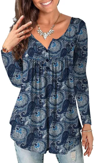 a.Jesdani Plus Size Tunic Tops Long Sleeve Casual Floral Printed Henley V Neck Shirts for Women