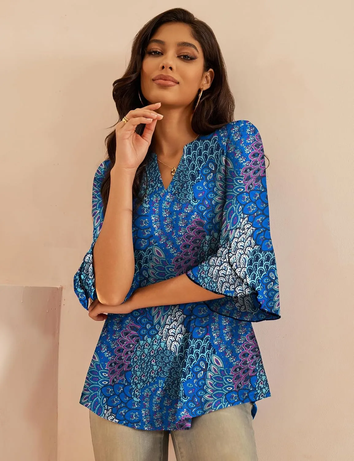 a.Jesdani Women's Work Blouses Ruffle 3/4 Sleeve Dressy Top V Neck Casual Chiffon Tunic Blouses Business Shirts