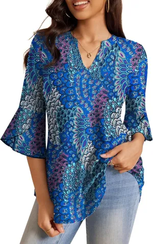 a.Jesdani Women's Work Blouses Ruffle 3/4 Sleeve Dressy Top V Neck Casual Chiffon Tunic Blouses Business Shirts