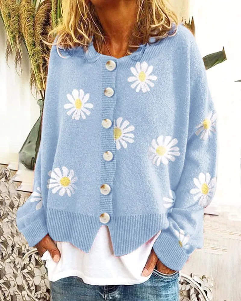 Akivide Cute Sun Flower Cardigan Sweaters for Women Lightweight,Button Down Open Front Casual Knit Sweaters Coat Outwear 2023