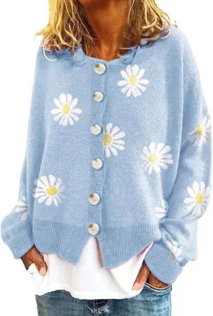 Akivide Cute Sun Flower Cardigan Sweaters for Women Lightweight,Button Down Open Front Casual Knit Sweaters Coat Outwear 2023