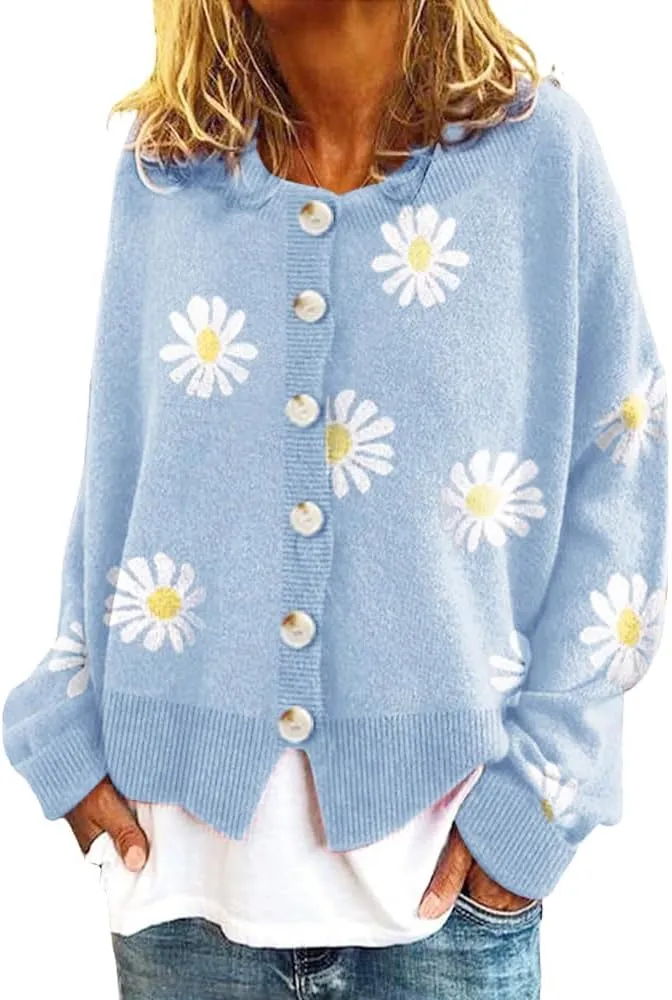 Akivide Cute Sun Flower Cardigan Sweaters for Women Lightweight,Button Down Open Front Casual Knit Sweaters Coat Outwear 2023