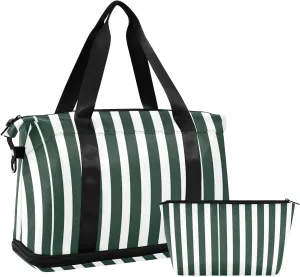 ALAZA Deep Green White Stripes Gym Bag Sports Duffel Bag with Shoes Compartment, Overnight Weekender Travel Tote Bag for Women Men Trip College