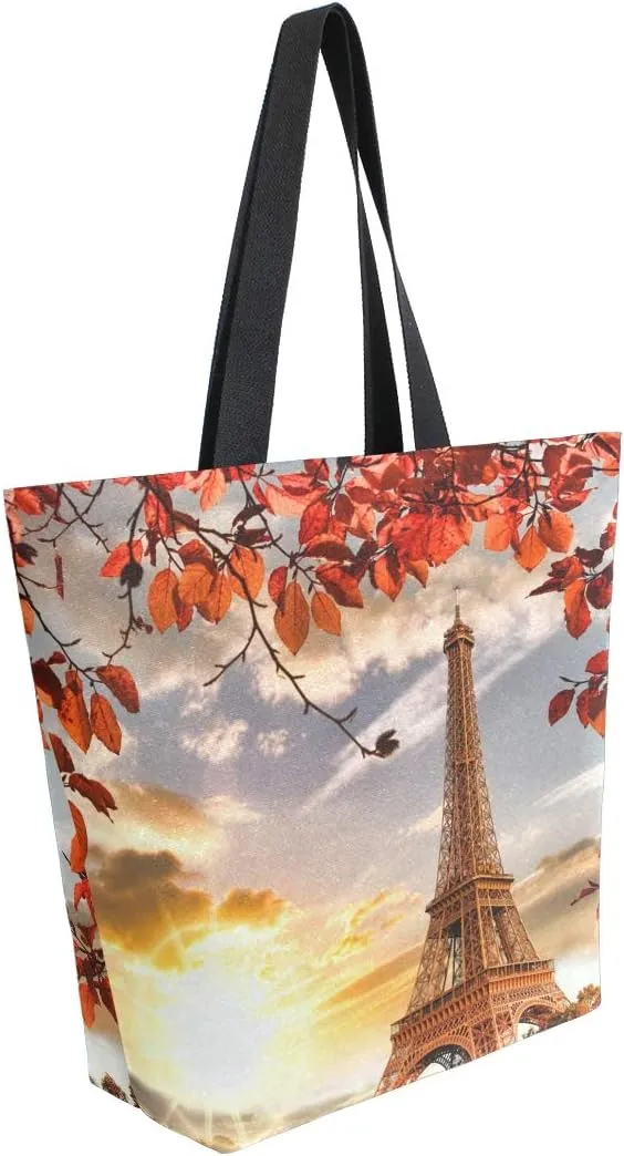 ALAZA Eiffel Tower Sunset Boat River Canvas Tote Bag, Washable Grocery Tote Bag Shopping Bag for Women Girls