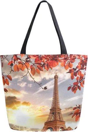 ALAZA Eiffel Tower Sunset Boat River Canvas Tote Bag, Washable Grocery Tote Bag Shopping Bag for Women Girls