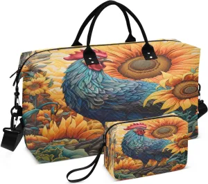 ALAZA Rooster in Sunflower Field Travel Duffel Bag Gym Bag Sports Tote Bag Weekender Overnight Travel Bag for Women Men Business Trip Workout