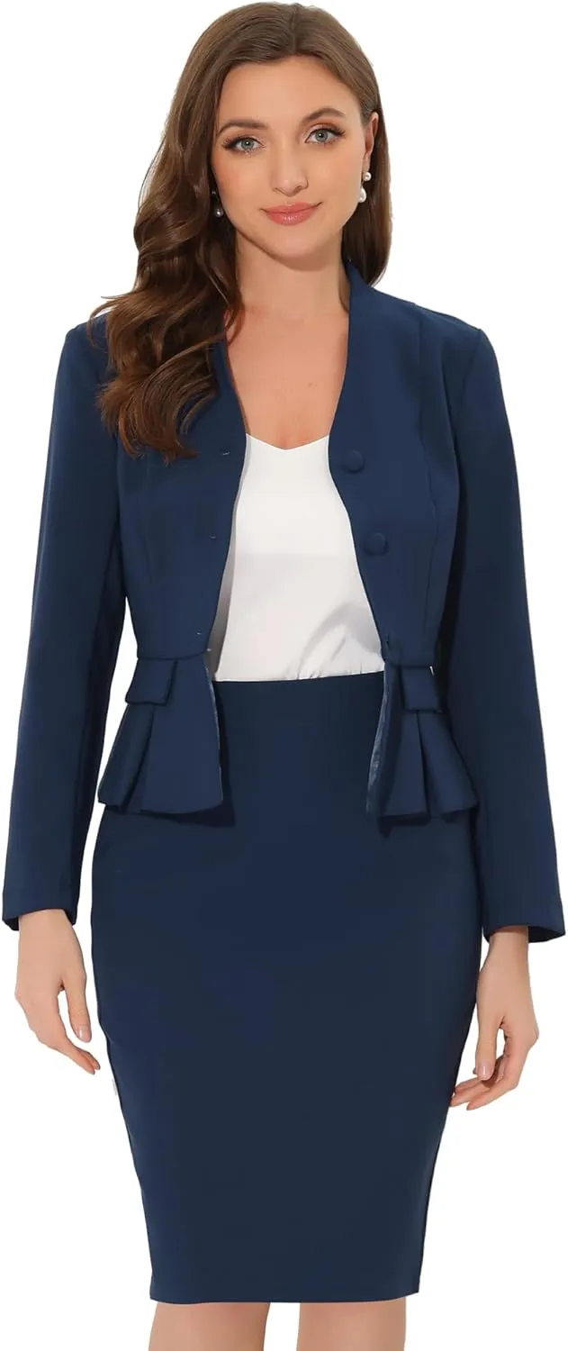 Allegra K Business Suit Sets for Women's 2 Piece Outfits Collarless Peplum Blazer Formal Pencil Skirt Suit
