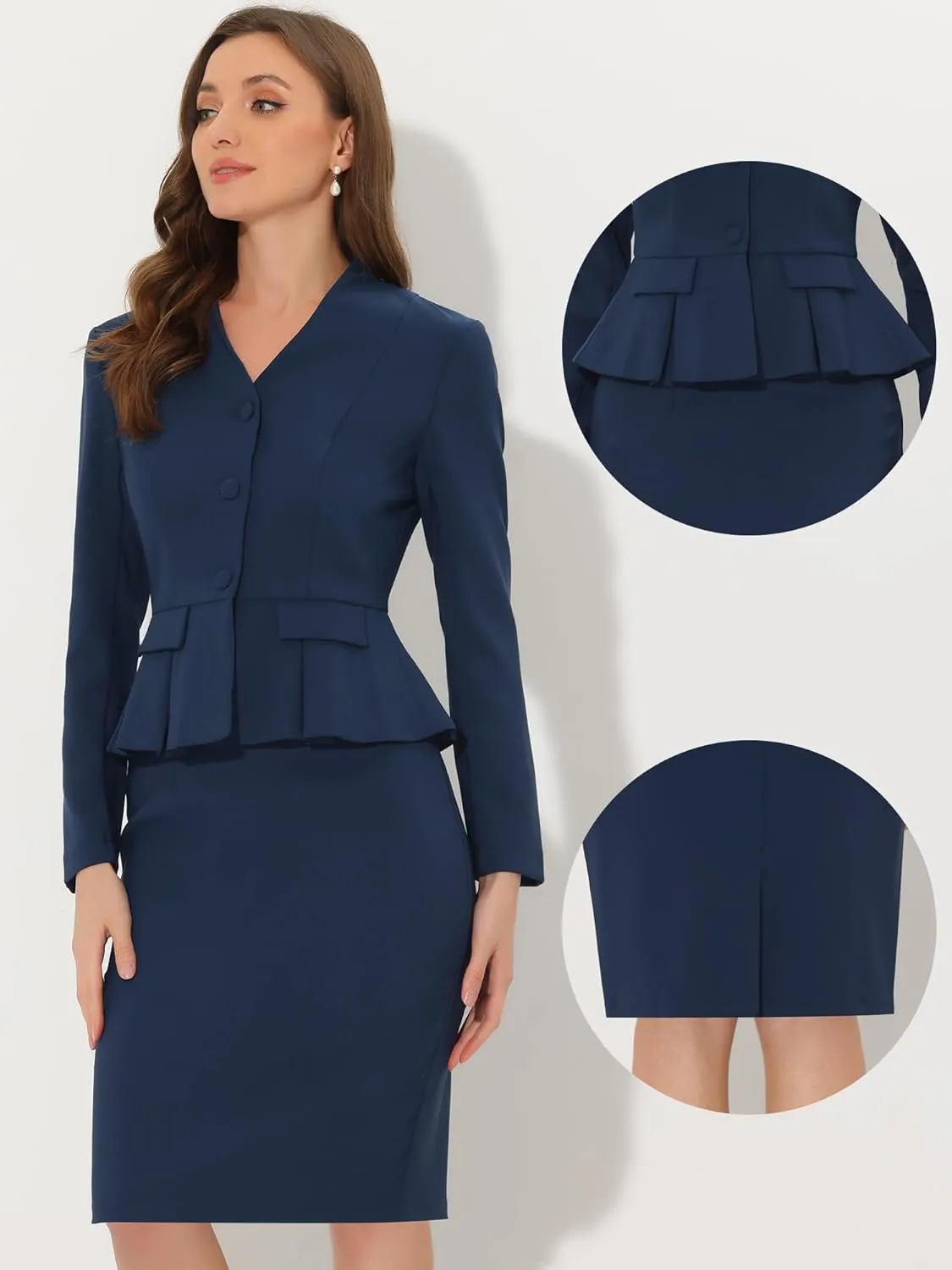 Allegra K Business Suit Sets for Women's 2 Piece Outfits Collarless Peplum Blazer Formal Pencil Skirt Suit