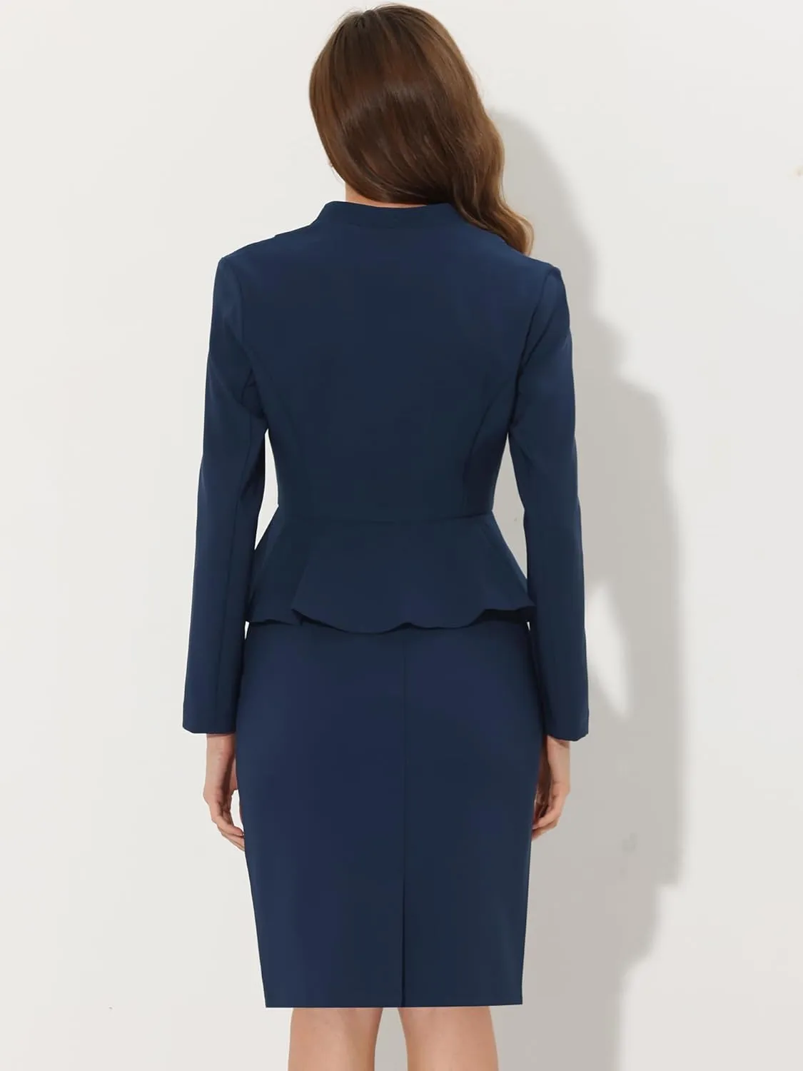 Allegra K Business Suit Sets for Women's 2 Piece Outfits Collarless Peplum Blazer Formal Pencil Skirt Suit