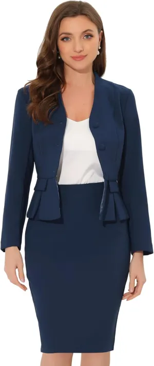 Allegra K Business Suit Sets for Women's 2 Piece Outfits Collarless Peplum Blazer Formal Pencil Skirt Suit