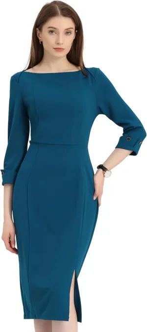 Allegra K Women's Elegant Boat Neck 3/4 Sleeves 2025 Wear to Work Midi Split Sheath Dress